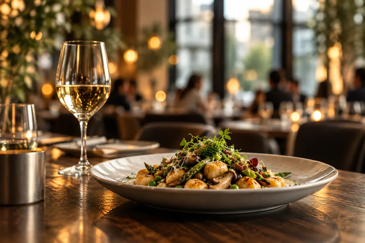 Restaurantmotiv mit einem angerichteten Teller und Weinglas