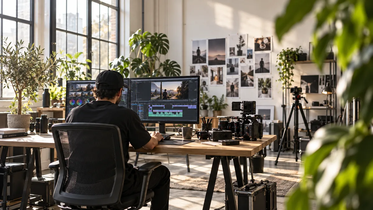 Visuelles Konzept eines hellen Filmstudios mit Schnittplatz, Pflanzen und Kamera